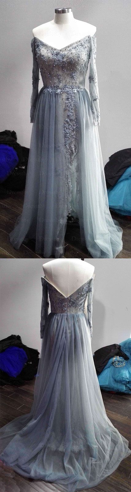 gray tulle lace long prom dress, gray tulle evening dress cg7114