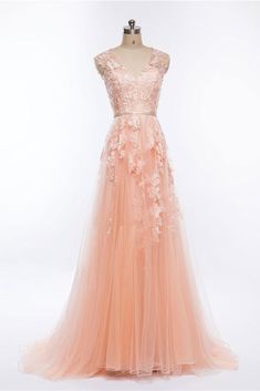 Pink v neck tulle lace applique long prom dress, pink evening dress cg7118