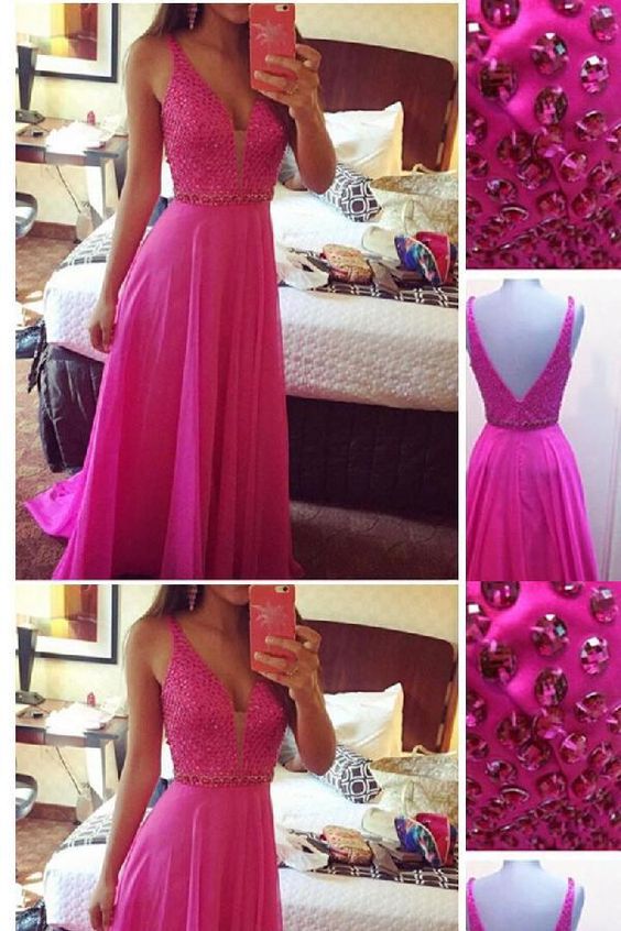 Hot Pink Beaded Prom Dresses,Deep V-neck Prom Dress,Sexy Evening Dresses cg7141