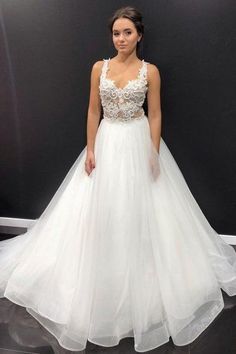 White Lace A Line Full Length Tulle Wedding Dress, Formal Prom Dress cg7151