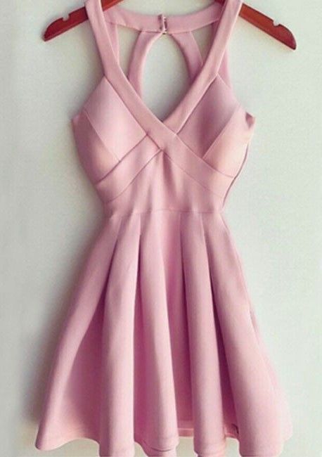 Stylish A-Line Deep V Neck Short Mini Pink Satin Homecoming Dress With Keyhole Back cg7157