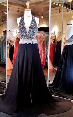 Halter Black Chiffon Beading Court Train Open Back Long Prom Dress cg7176
