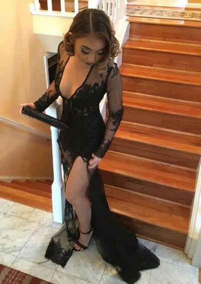 Prom Dresses Elegant, 2020 Sexy Black Column/Sheath Long Sleeves Side Slit Prom Dresses York Dresses cg7195