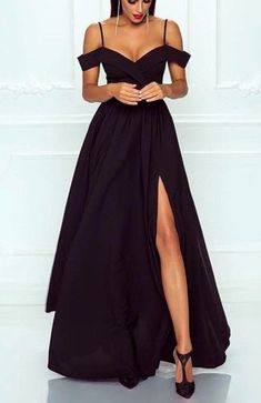 Black Off the Shoulder A-Line Satin Long Prom Dresses with Side Split,Formal Party Dresses cg7206