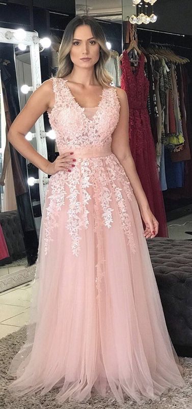 Tulle V Neck Floor Length Prom Dresses cg7209