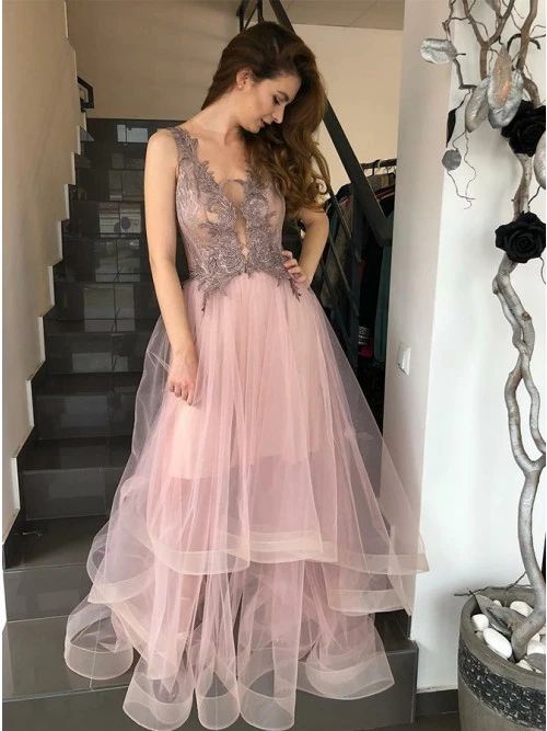 Elegant V-neck Sleeveless Pink Prom Dress with Appliques cg7210