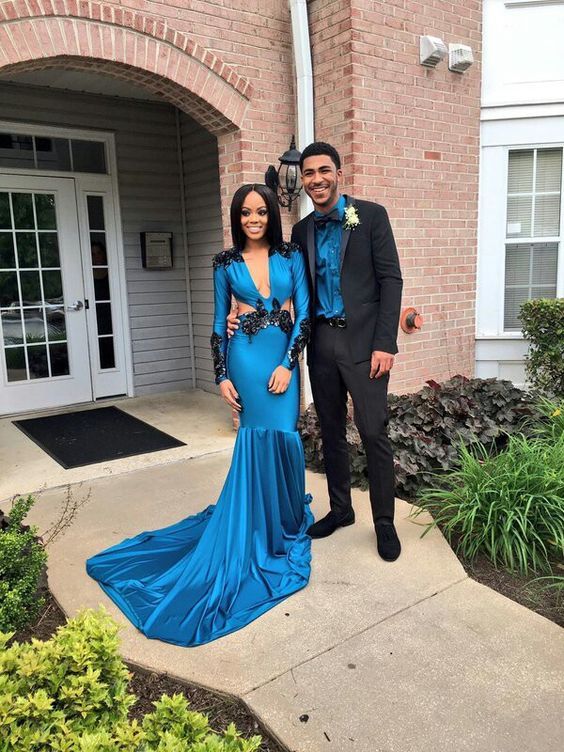 Blue Mermaid Satin Prom Dresses Sexy Deep V Neck Long Sleeve Black Appliques African Girl Black Girl Evening Formal Gowns cg7218