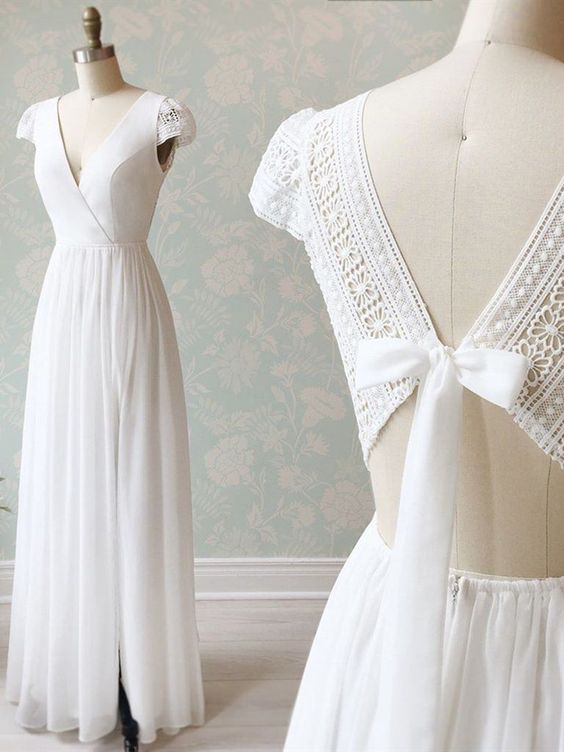 V Neck Cap Sleeves White Long Lace Prom Dresses, Cap Sleeves White Lace Wedding Formal Evening Dresses cg7225