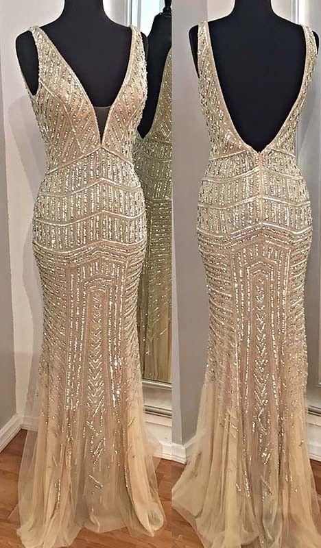 champagne deep v-neck prom dresses, sexy deep v-neck evening gowns with beading, backless prom party dresses cg7242