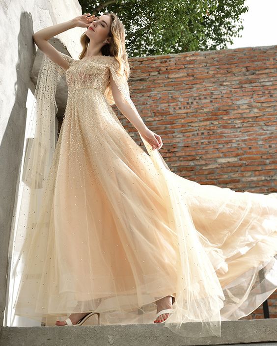 Champagne Beading Jewel Elegant A-line Evening prom Dress cg7269