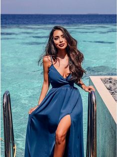 Spaghetti Straps A-Line Split Front Blue Long Prom Dress cg7273