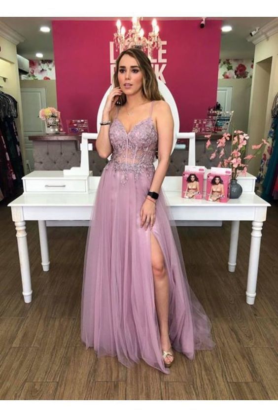 Tulle Spaghetti Straps With Applique Prom Dresses cg7287