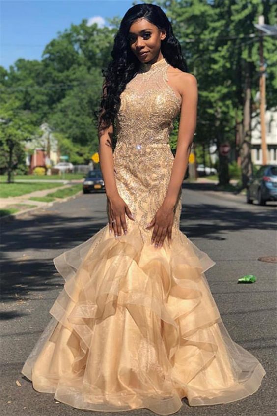 Prom Dresses Elegant, 2020 Glamorous Champagne Halter Beading Mermaid/Trumpet Organza Tiers Prom Dresses cg7292