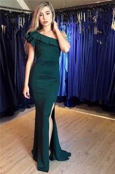 One-Shouler Dark Green Mermaid Prom Dresses with Side-Slit cg7295