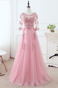 Prom Dress Ball Gown, LONG, WITH SLEEVES, PINK QPROM SEXY PROM DRESSES cg7297