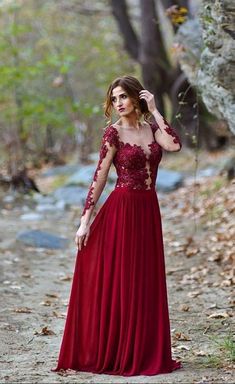 Burgundy party gowns,Lace Appliques evening dress, Long Sleeve Prom Dress, Sexy ball gowns cg7313