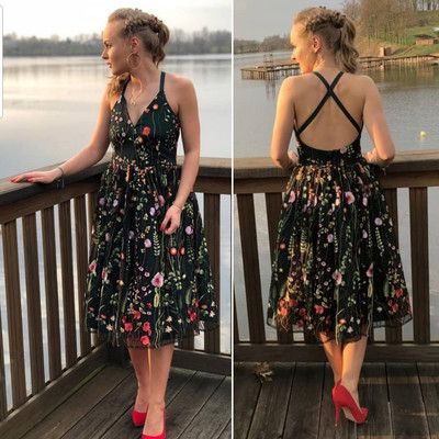Tea Length Floral Black prom Dress with Cross Back cg7344