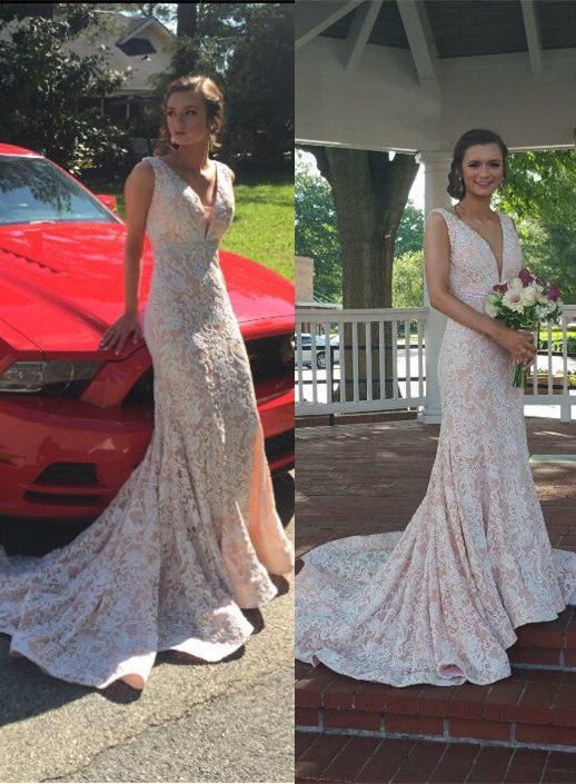 Boho Prom Dresses, 2020 Unique White V-Neck Chapel Train Mermaid/Trumpet Lace Prom Dresses cg7348