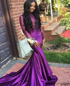 Simple Prom Dress, Amazing Mermaid Purple Long Sleeves With Appliques Long Prom Dresses cg7366