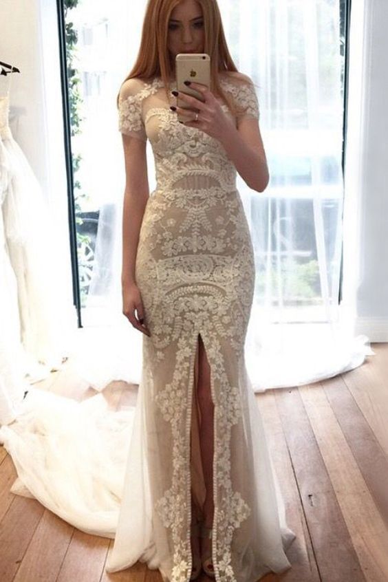 Mermaid Crew Short Sleeves Court Train White Prom Dress with Appliques Split cg7427