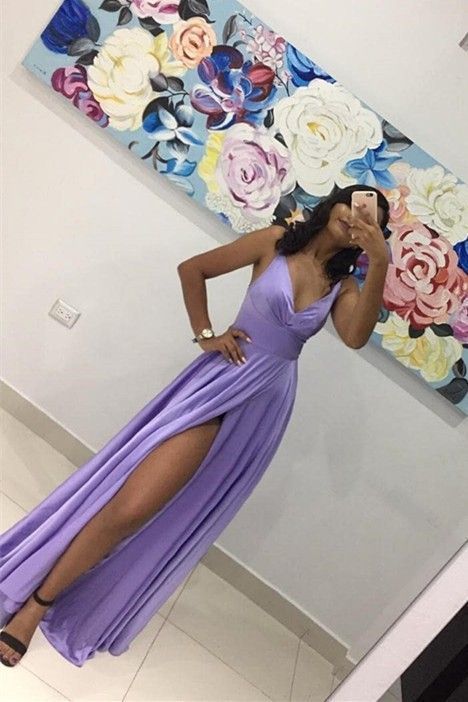 Sexy Lavender A Line Prom Evening Dress V Neck With Slit cg7431