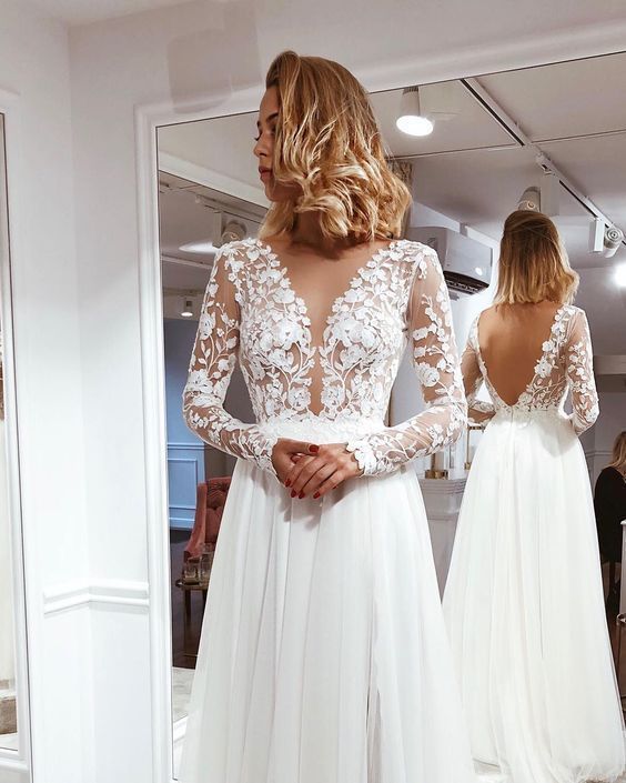 Simple A Line V Neck Open Back Ivory Lace Long Sleeves Prom Dresses cg7447
