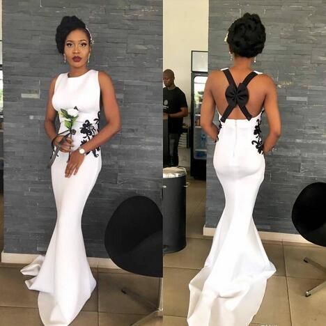 Tight Prom Dresses, Mermaid White Bowknot Back Satin Prom Dresses With Embroidery cg7450