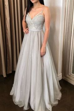 elegant silver long prom dress 2020 with spaghetti straps cg7488