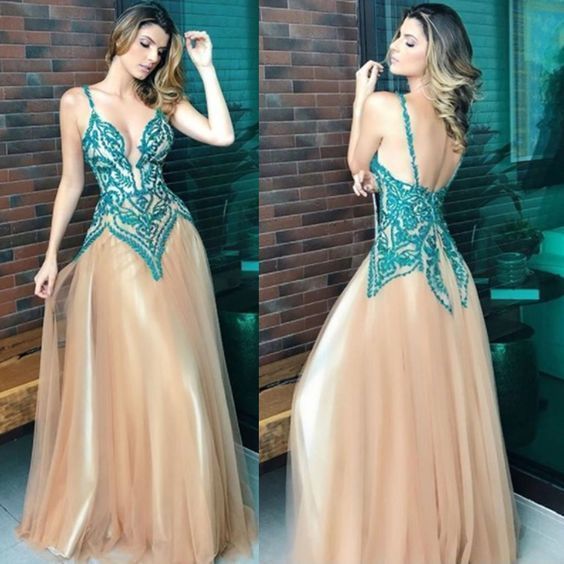 Tulle Spaghetti Straps Prom Dress, Applique Backless Prom Dress, A-Line Prom Dress cg7490