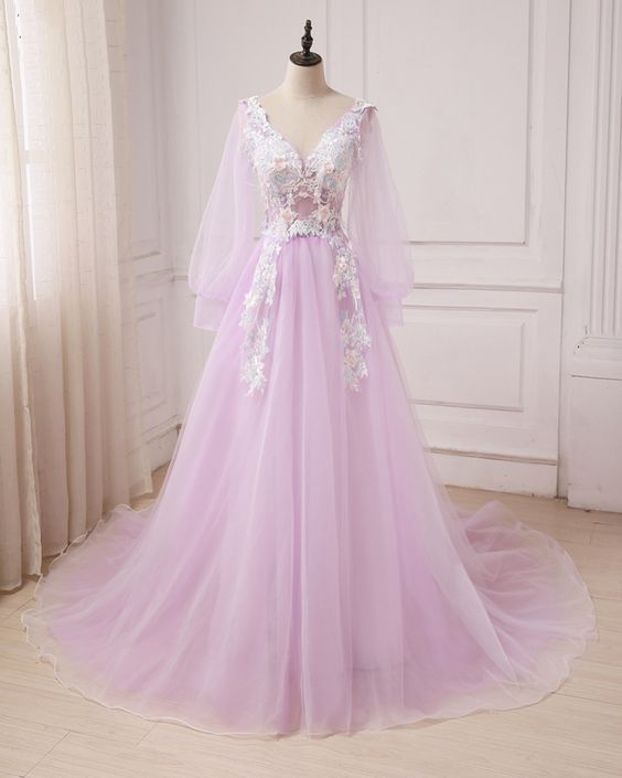 Tulle V Neck,Long Sleeve, A-line Customize Prom Dress, Long Formal Dress ,Lace Appliques Prom Dresses cg7518