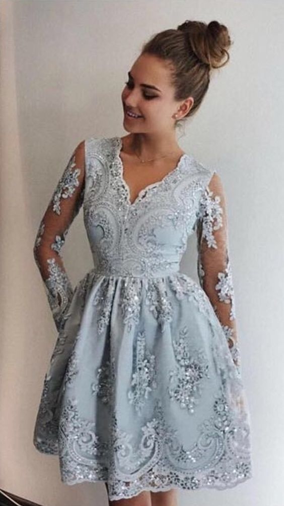 A-Line V-Neck Long Sleeves Silver Homecoming Dress with Appliques cg7529