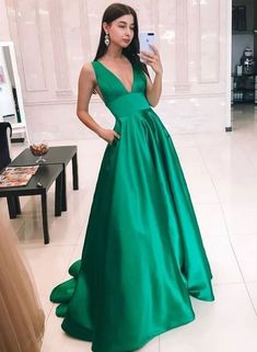 Green v neck satin long prom dress, simple evening dress cg7549