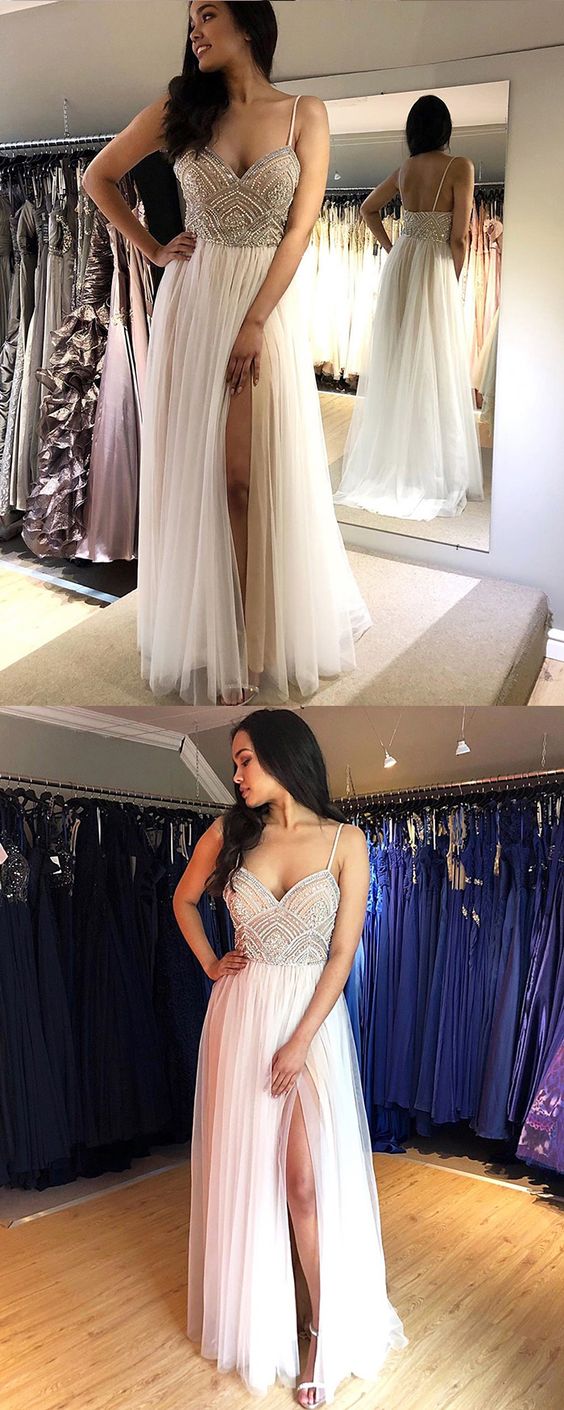 Spaghetti Straps White Beading Bodice Pleated Tulle Prom Dress cg7558