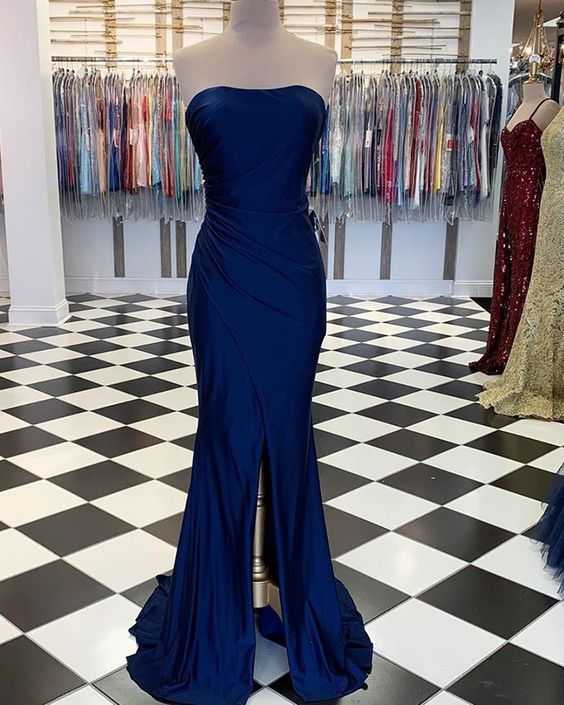 Simple Strapless Ruched Navy Blue Satin Mermaid Prom Dress cg7572