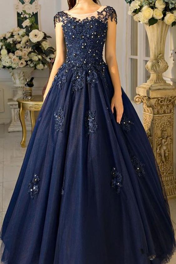 A Line Lace Appliques Navy Blue Cap Sleeves Prom Dresses Formal Evening Fancy Dress Gowns,prom dress cg7580