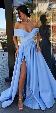 A-Line Sky Blue Satin Off-the-Shoulder High Split Long Prom Dress with Pockets cg7602