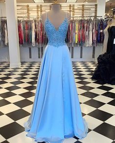 Spaghetti Straps Cyan Lace Bodice Satin Prom Dress with Slit cg7608