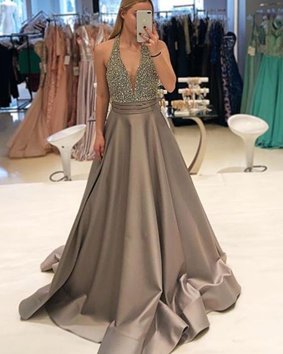 Halter Beading Bodice Satin Brown Prom Dress cg7610