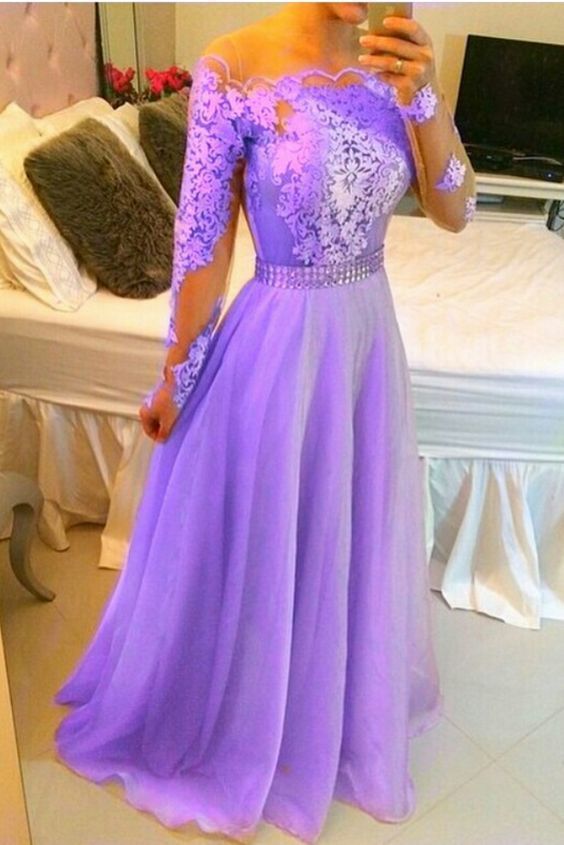 Long Sleeve Lace Appliques A Line Prom Dress, Long Evening Party Dress cg7619