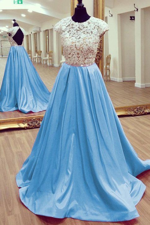 Light blue chiffon lace top backless A-line long dresses,prom dresses cap sleeve cg7636