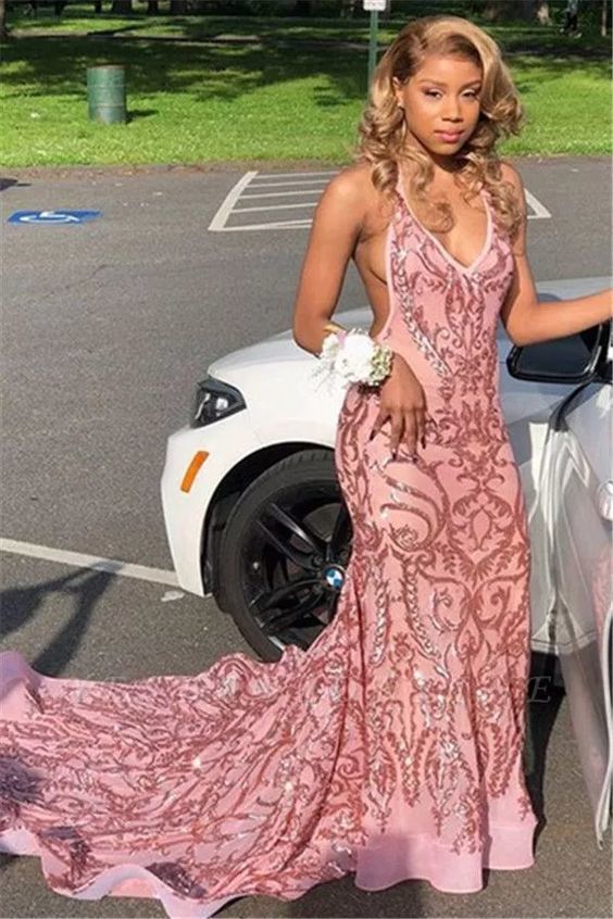 Elegant Mermaid Deep-V-Neck Halter Sleeveless Appliques Prom Dresses cg7640