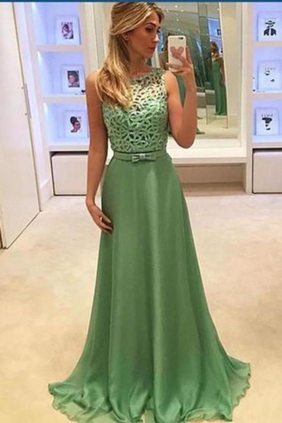 Simple green chiffon round-neck formal prom dress cg7651