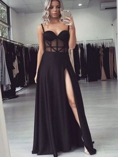 Glamorous A-Line Sweetheart Open Back See through Black Satin Long Prom Dresses cg7667