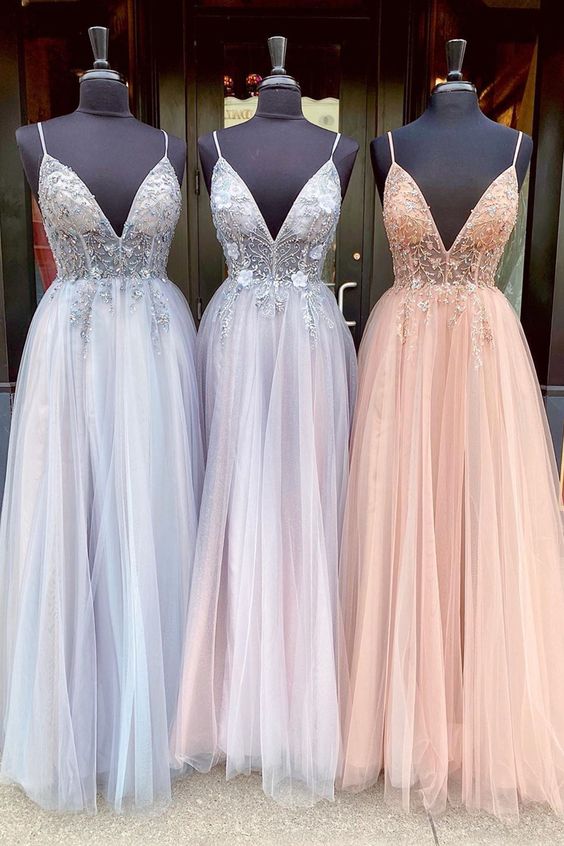 A Line Spaghetti Straps Grey Long Prom Dress With Beading Split cg7670