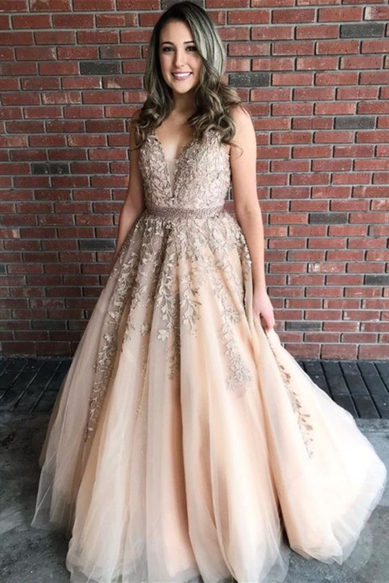 A-Line V-Neck Champagne Tulle Prom Dress with Beading Appliques cg7671