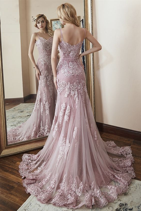 Princess Pink Tulle Mermaid Long Prom Dress with Lace Appliques cg7674