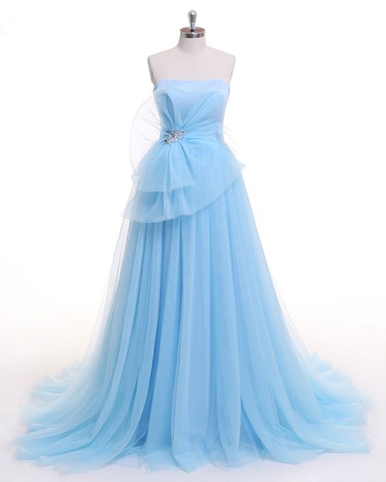 Light Blue Tull Strapless Long Beaded Evening Dress, Long Prom Dress cg7680