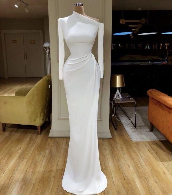 White evening dresses long sleeve modest simple mermaid elegant cheap formal prom dresses cg7683