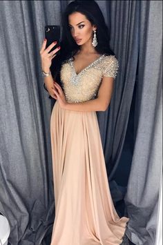 A-Line V-Neck Short Sleeves Floor-Length Beige Prom Dress with Beading cg7700