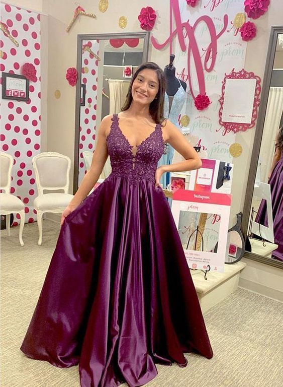 Purple v neck satin lace long prom dress, evening dress cg7710